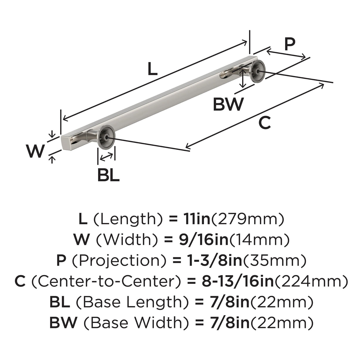 Amerock Corp BP37108PN Everett Pull, 8-13/16 in (224 mm) Center-to-Center, Polished Nickel