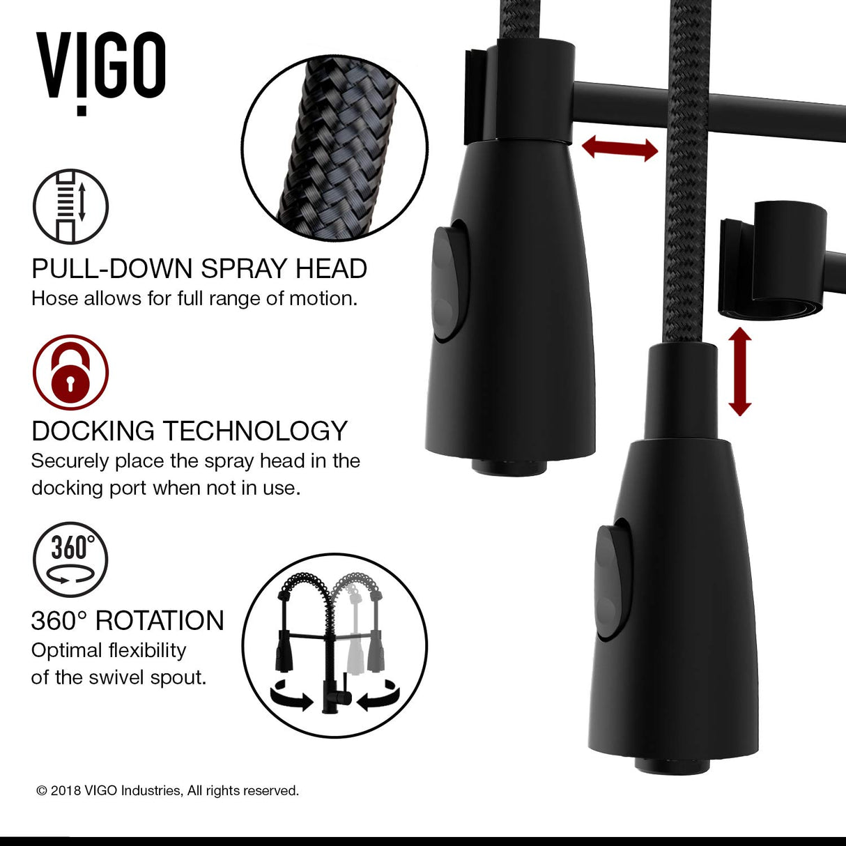 VIGO VG02003MB 18.5" H Brant Single-Handle Pull-Down Sprayer Kitchen Faucet in Matte Black