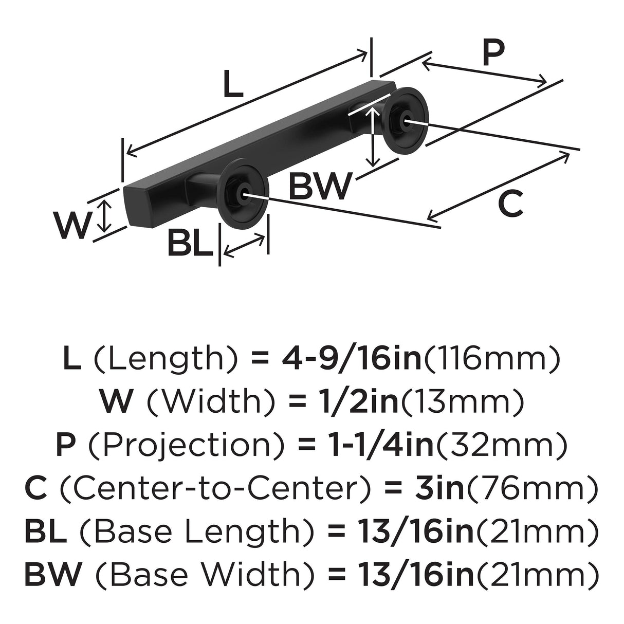 Amerock Corp BP37103MB Everett Pull, 3 in (76 mm) Center-to-Center, Matte Black