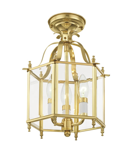 Livex Lighting 4403-02 Home Basics 3 Light Polished Brass Hanging Lantern or Flush Mount Chandelier with Clear Beveled Glass