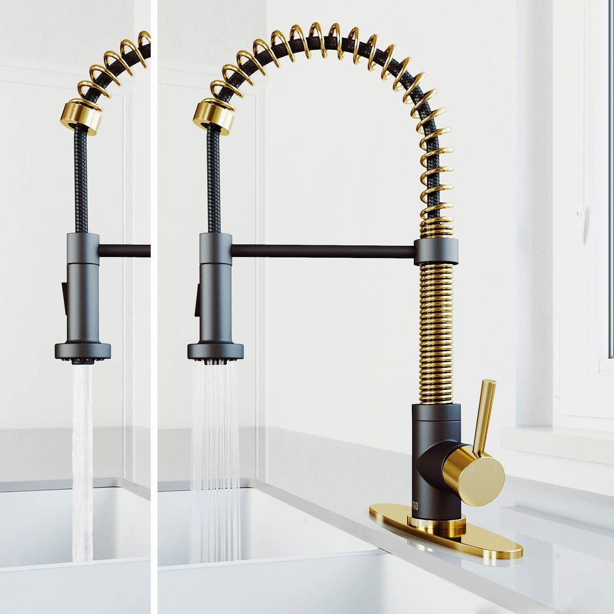 VIGO VG02001MGMBK1 19" H Edison Single-Handle with Pull-Down Sprayer Kitchen Faucet in Matte Gold/Matte Black with Deck Plate
