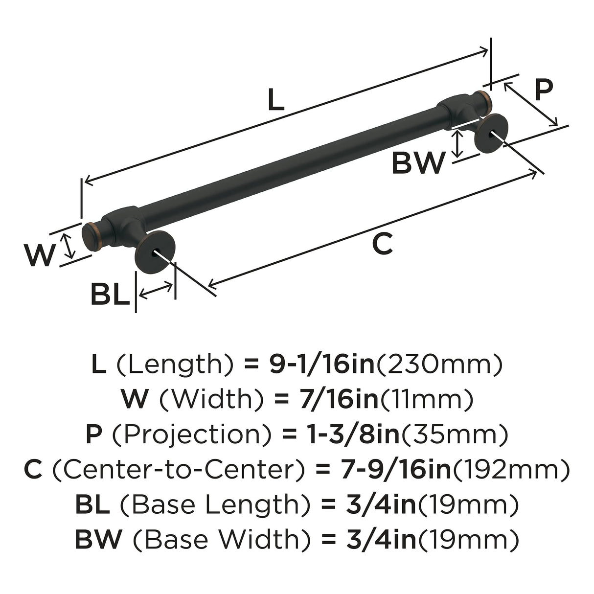 Amerock Cabinet Pull Oil Rubbed Bronze 7-9/16 inch (192 mm) Center-to-Center Winsome 1 Pack Drawer Pull Cabinet Handle Cabinet Hardware