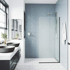 VIGO Zenith Fixed Glass Shower Wall Panels | Frameless Tempered Shower Glass Panel for Open Walk-in Bathroom (3" L x 34.125" W x 74" H) | Clear Glass Shower Panel with Matte Black Hardware Finish