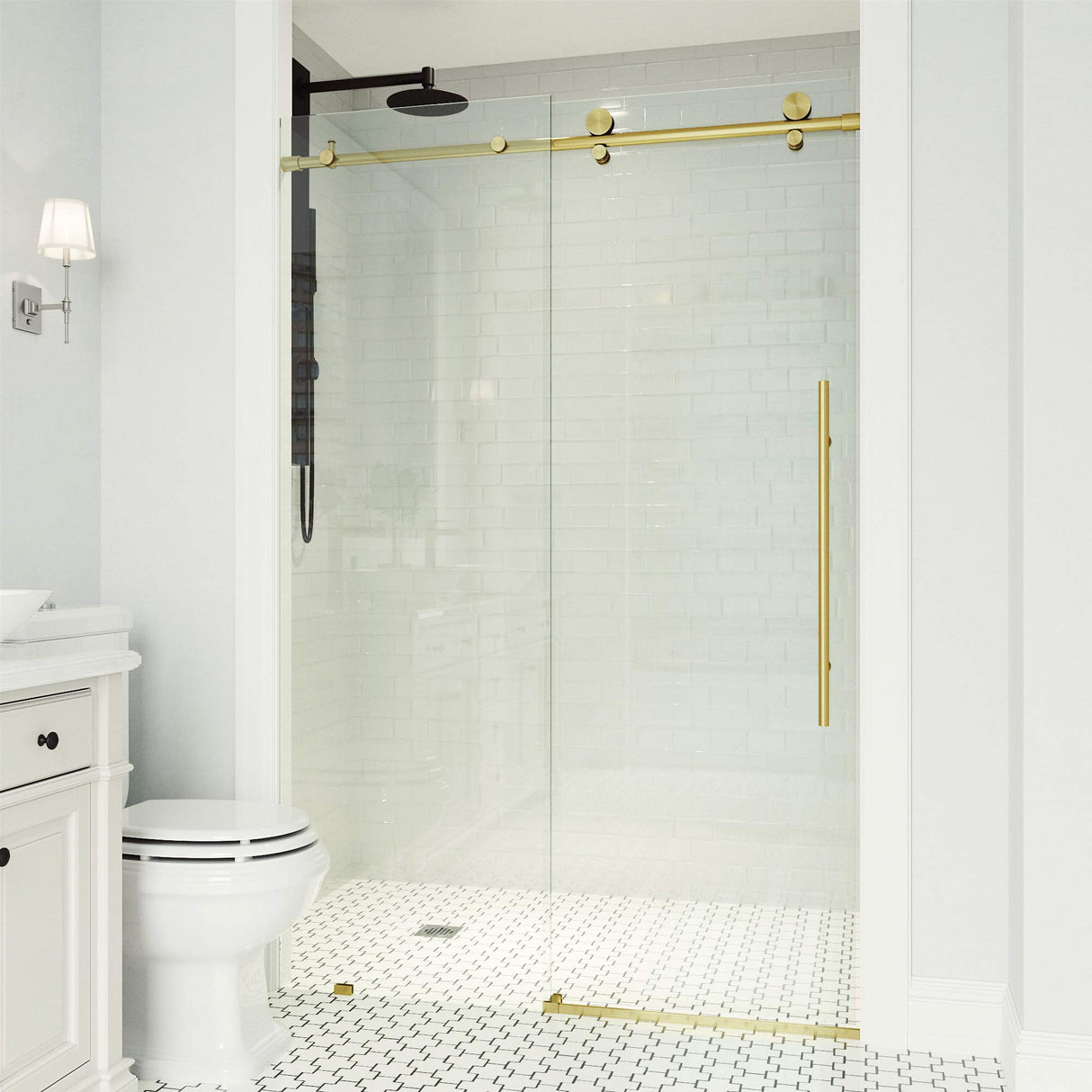 VIGO Adjustable 52-56"W x 76"H Elan E-Class Frameless Sliding Rectangle Shower Door with Clear Tempered Glass, Reversible Door Handle and Stainless Steel Hardware in Matte Brushed Gold-VG6021MGCL5676