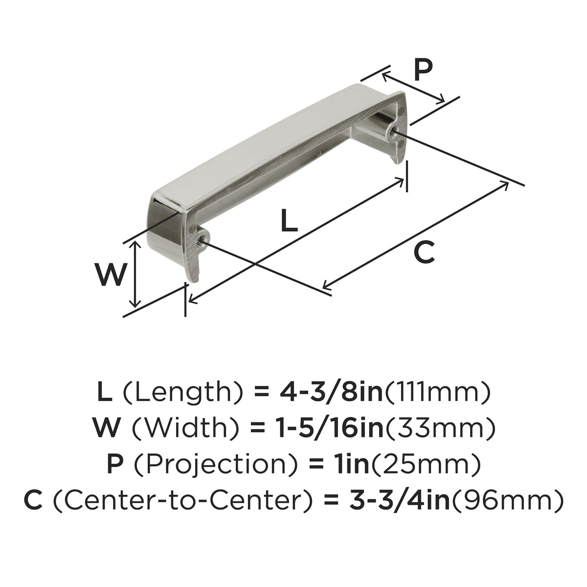 Amerock Cabinet Cup Pull Polished Nickel 3-3/4 inch (96 mm) Center to Center Kane 1 Pack Drawer Pull Drawer Handle Cabinet Hardware