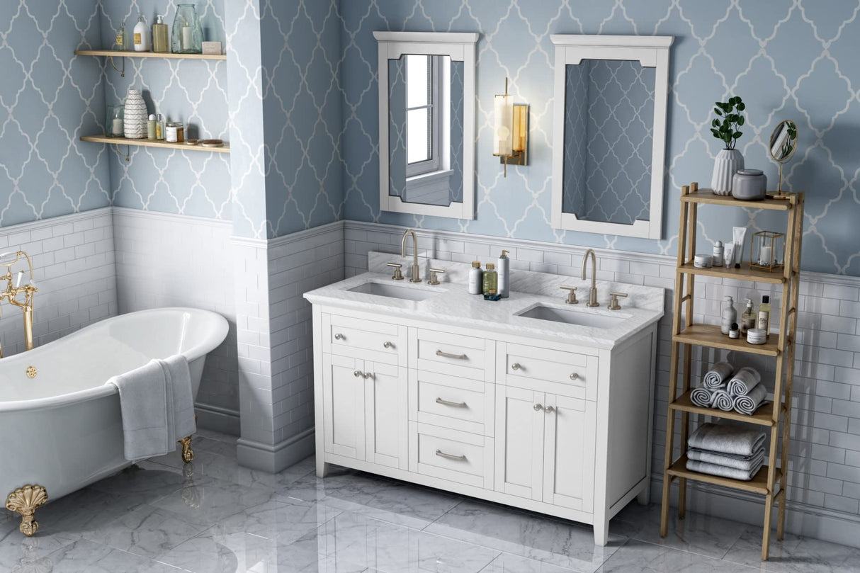 Jeffrey Alexander VKITCHA60WHBOR 60" White Chatham Vanity, double bowl, Boulder Cultured Marble Vanity Top, two undermount rectangle bowls
