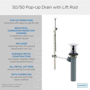 Gerber GA605254BS 1 1/4" 50/50 Pop-up Drain Assembly With Lift Rod - Satin Black