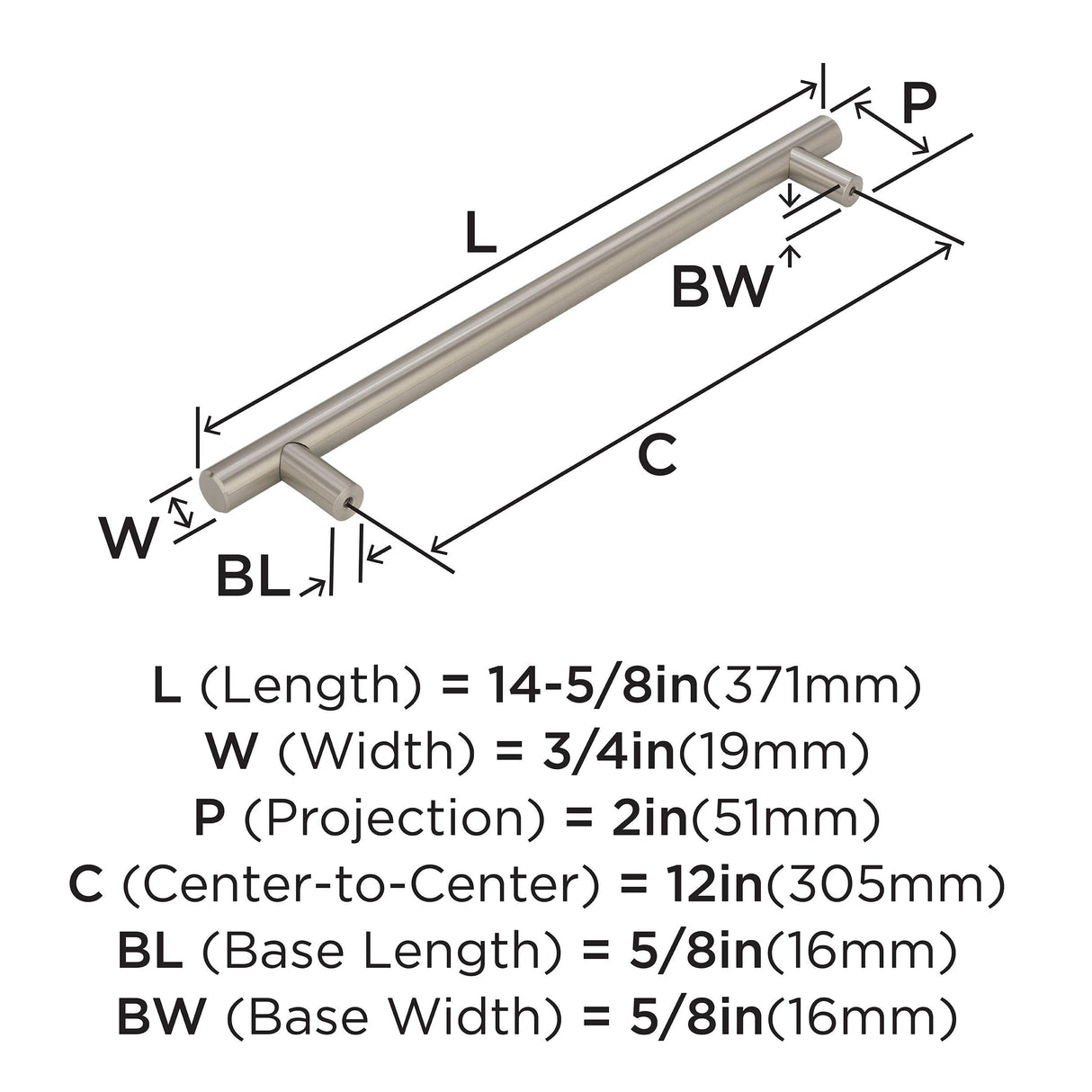 Amerock Appliance Pull Sterling Nickel 12 inch (305 mm) Center to Center Bar Pulls 1 Pack Drawer Pull Drawer Handle Cabinet Hardware