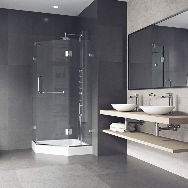 VIGO VG6062CHCL38W 38.13" -38.13" W -78.75" H Frameless Hinged Neo-angle Shower Enclosure with Clear 0.38" Tempered Glass and Stainless Steel Hardware in Chrome Finish with Reversible Handle and Base
