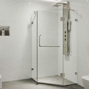 VIGO VG6062BNCL38 36.13" -36.13" W -73.38" H Frameless Hinged Neo-angle Shower Enclosure with Clear 0.38" Tempered Glass and Stainless Steel Hardware in Brushed Nickel Finish with Reversible Handle