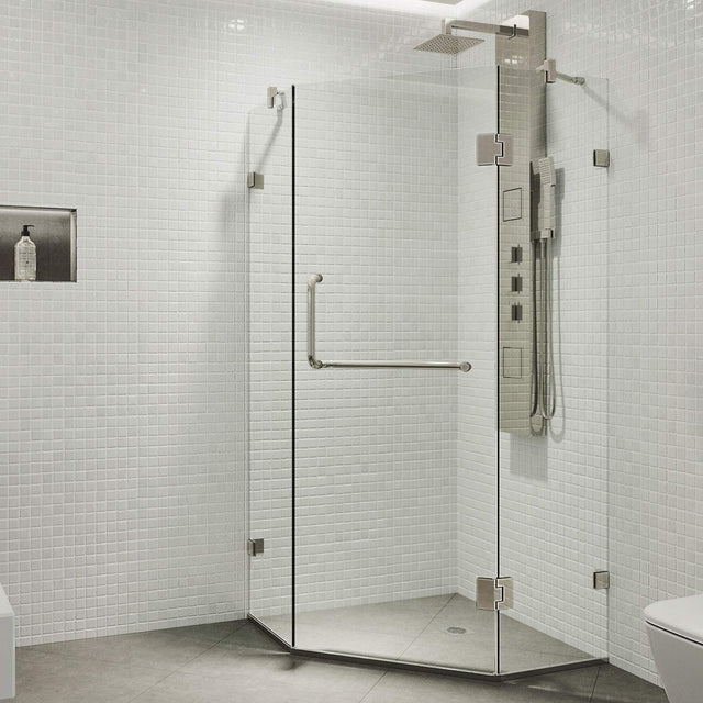 VIGO VG6062BNCL38 36.13" -36.13" W -73.38" H Frameless Hinged Neo-angle Shower Enclosure with Clear 0.38" Tempered Glass and Stainless Steel Hardware in Brushed Nickel Finish with Reversible Handle