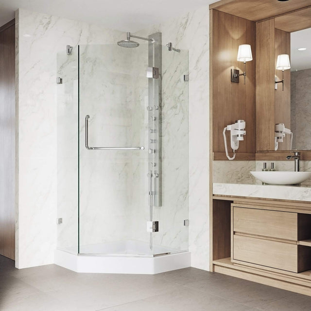 VIGO VG6062CHCL38W 38.13" -38.13" W -78.75" H Frameless Hinged Neo-angle Shower Enclosure with Clear 0.38" Tempered Glass and Stainless Steel Hardware in Chrome Finish with Reversible Handle and Base