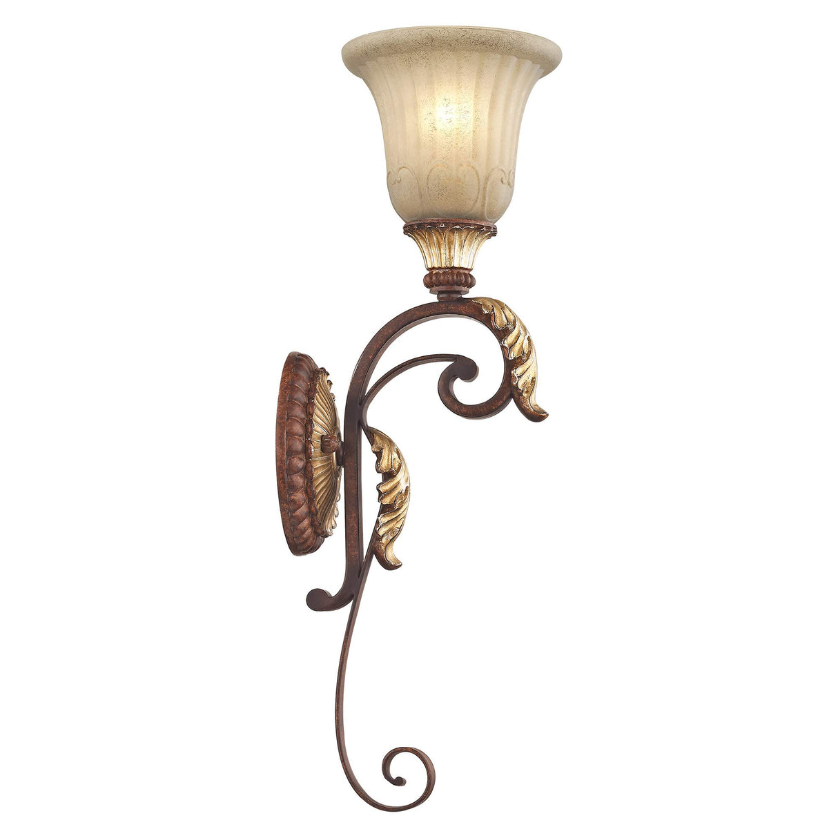Livex Lighting 8581-63 Villa Verona 1 Light Verona Bronze Finish Wall Sconce with Aged Gold Leaf Accents and Rustic Art Glass
