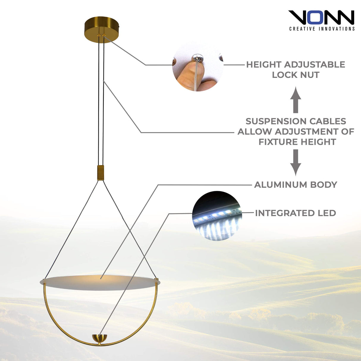 VONN Lighting Como VAP224H1AB 16" Integrated LED ETL Certified Height Adjustable Pendant Light in Antique Brass