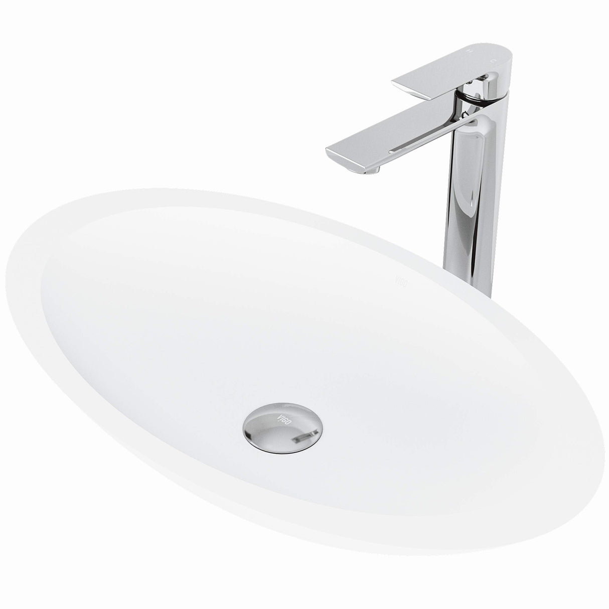 VIGO VGT1283 13.5" L -23.13" W -10.75" H Handmade Countertop Matte Stone Oval Vessel Bathroom Sink Set in Matte White Finish with Chrome Single-Handle Single Hole Faucet and Pop Up Drain