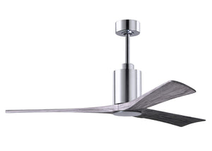 Matthews Fan PA3-CR-BW-60 Patricia-3 three-blade ceiling fan in Polished Chrome finish with 60” solid barn wood tone blades and dimmable LED light kit 