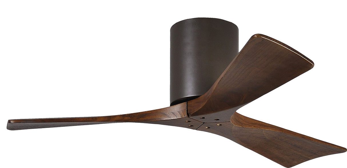 Matthews Fan IR3H-TB-WA-42 Irene-3H three-blade flush mount paddle fan in Textured Bronze finish with 42” solid walnut tone blades. 