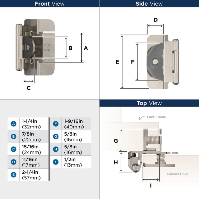 Amerock BPR8704G9 Cabinet Hinge 1/2 in (13 mm) Overlay Double Demountable Sterling Nickel Kitchen Cabinet Door Hinge 1 Pair/2 Pack Functional Hardware