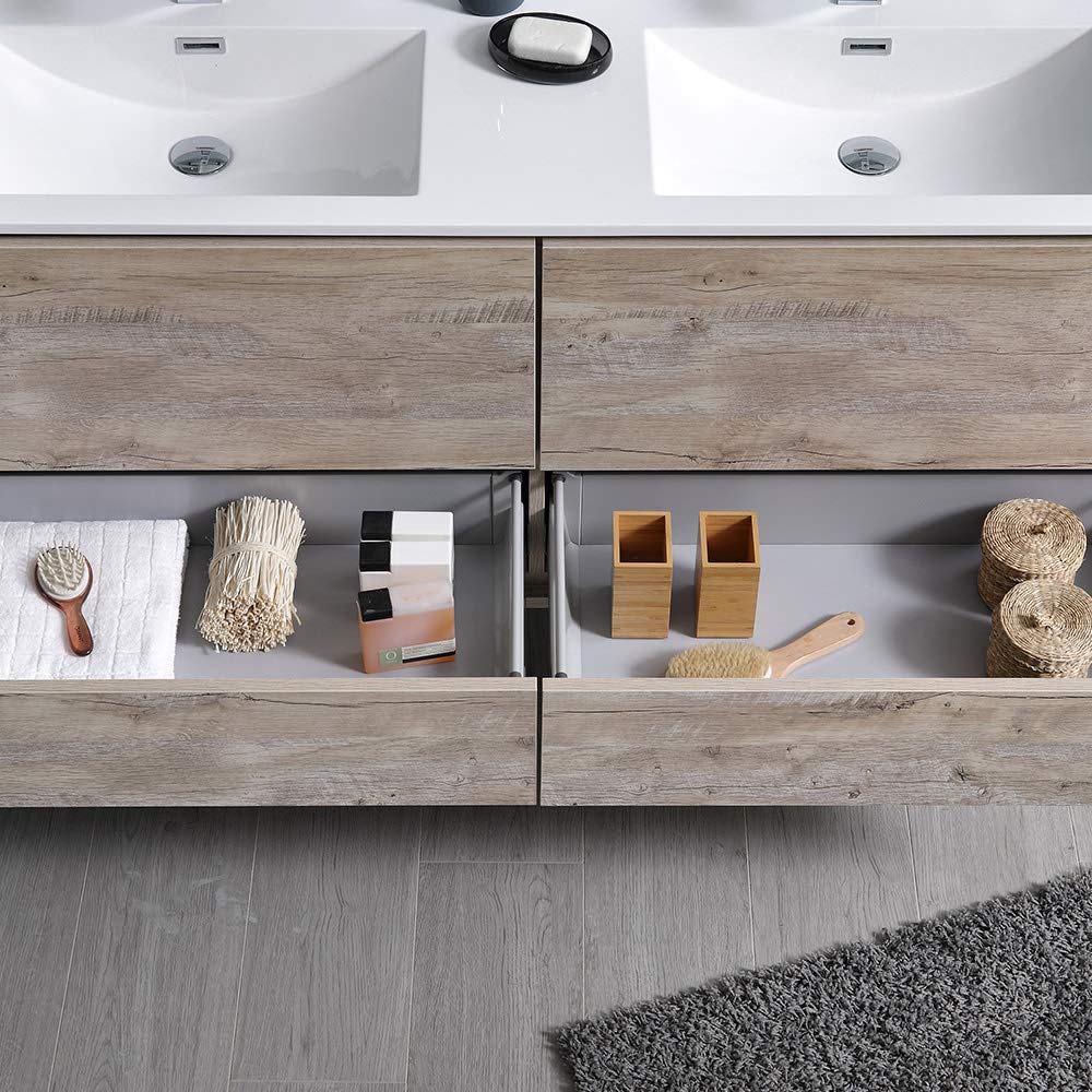 Fresca FCB9260WH-D-I Fresca Catania 60" Glossy White Wall Hung Modern Bathroom Cabinet w/ Integrated Double Sink