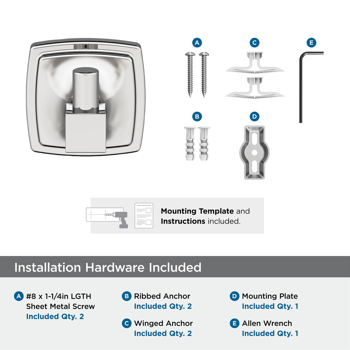 Amerock BH3609026 Chrome Single Robe Hook 2-1/4 in. (57 mm) Length Towel Holder Stature Towel Hook for Bathroom Bathroom Hardware Bath Accessories