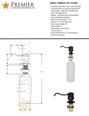 Premier Copper Products PCP-701ORB Solid Brass Soap and Lotion Dispenser, Oil Rubbed Bronze