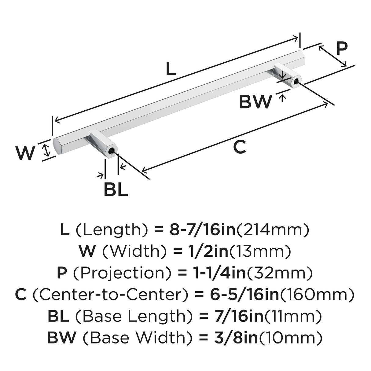 Amerock Cabinet Pull Polished Chrome 6-5/16 inch (160 mm) Center-to-Center Caliber 1 Pack Drawer Pull Cabinet Handle Cabinet Hardware