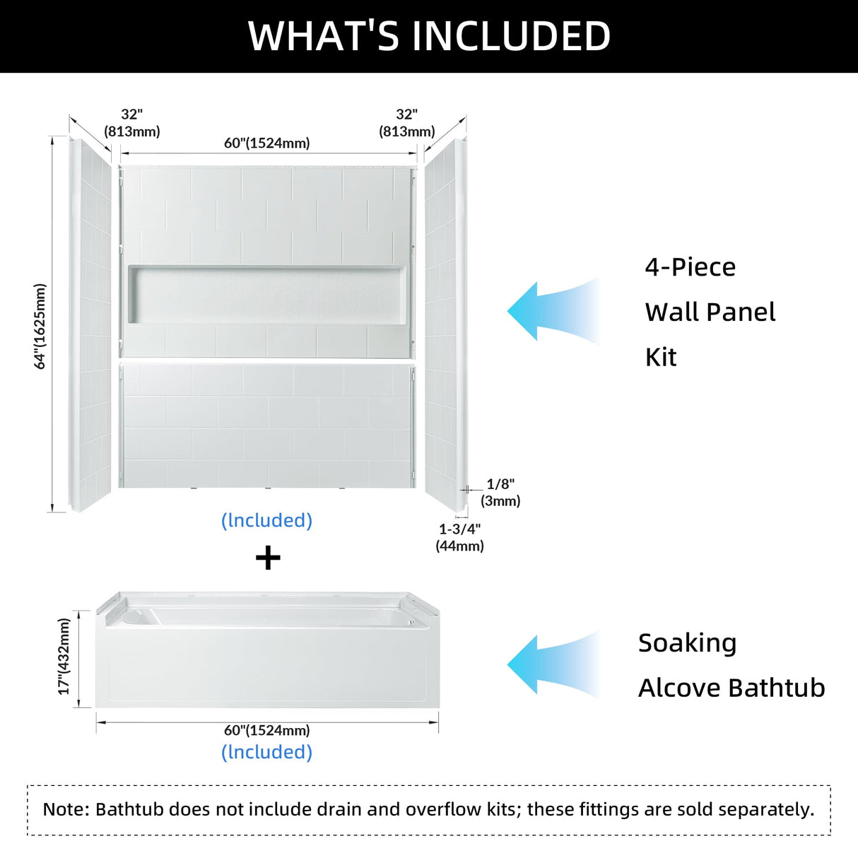 New England Home Goods 60” x 32” Four-Piece Direct-to-Stud Alcove Tub Surround with Left-Drain Hole Soaking Bathtub Combo in White