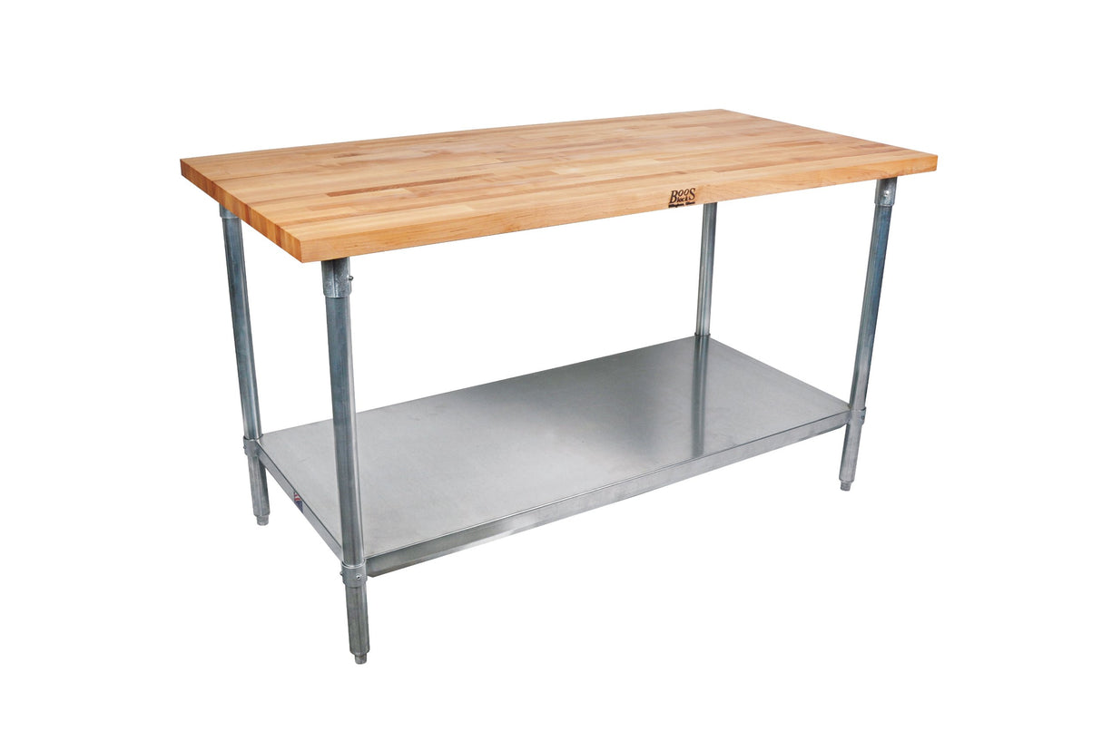 John Boos SNS09 Maple Wood Top Stallion Work Table, Stainless Steel Legs, Adjustable Lower Shelf, 1-3/4" Thick, 60" Length x 30" Width