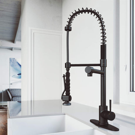 VIGO Zurich Matte Black Kitchen Faucet with Pull-Down Sprayer | Single-Handle Kitchen Sink Faucet with Easy-Grip Extendable Sink Sprayer | Solid Brass Faucet for Kitchen Sink with Deck Plate