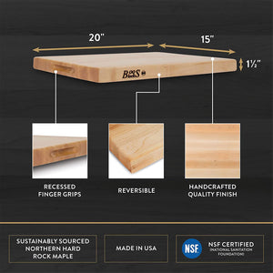 John Boos R03 Maple Wood Cutting Board for Kitchen Prep, 20" x 15" 1.5" Thick, Large Edge Grain Rectangular Reversible Charcuterie Block 20X15X1.5 MPL-EDGE GR-REV-R BRD-