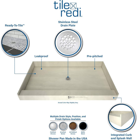 Tile Redi 4837C-PVC Base Shower Pan, Single Curb 37" W x 48" D, Black