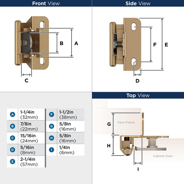 Amerock BPR8715CZ Cabinet Hinge 1/4 in (6 mm) Overlay Single Demountable Partial Wrap Champagne Bronze Kitchen Cabinet Door Hinge 1 Pair/2 Pack Functional Hardware