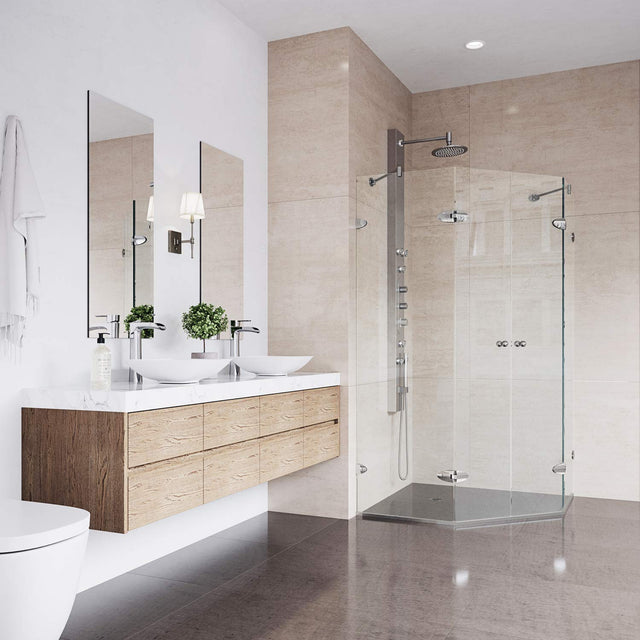 VIGO VG6063BNCL47 45.63" -45.63" W -73.38" H Frameless Hinged Neo-angle Shower Enclosure with Clear 0.38" Tempered Glass and Stainless Steel Hardware in Brushed Nickel Finish with Reversible Handle