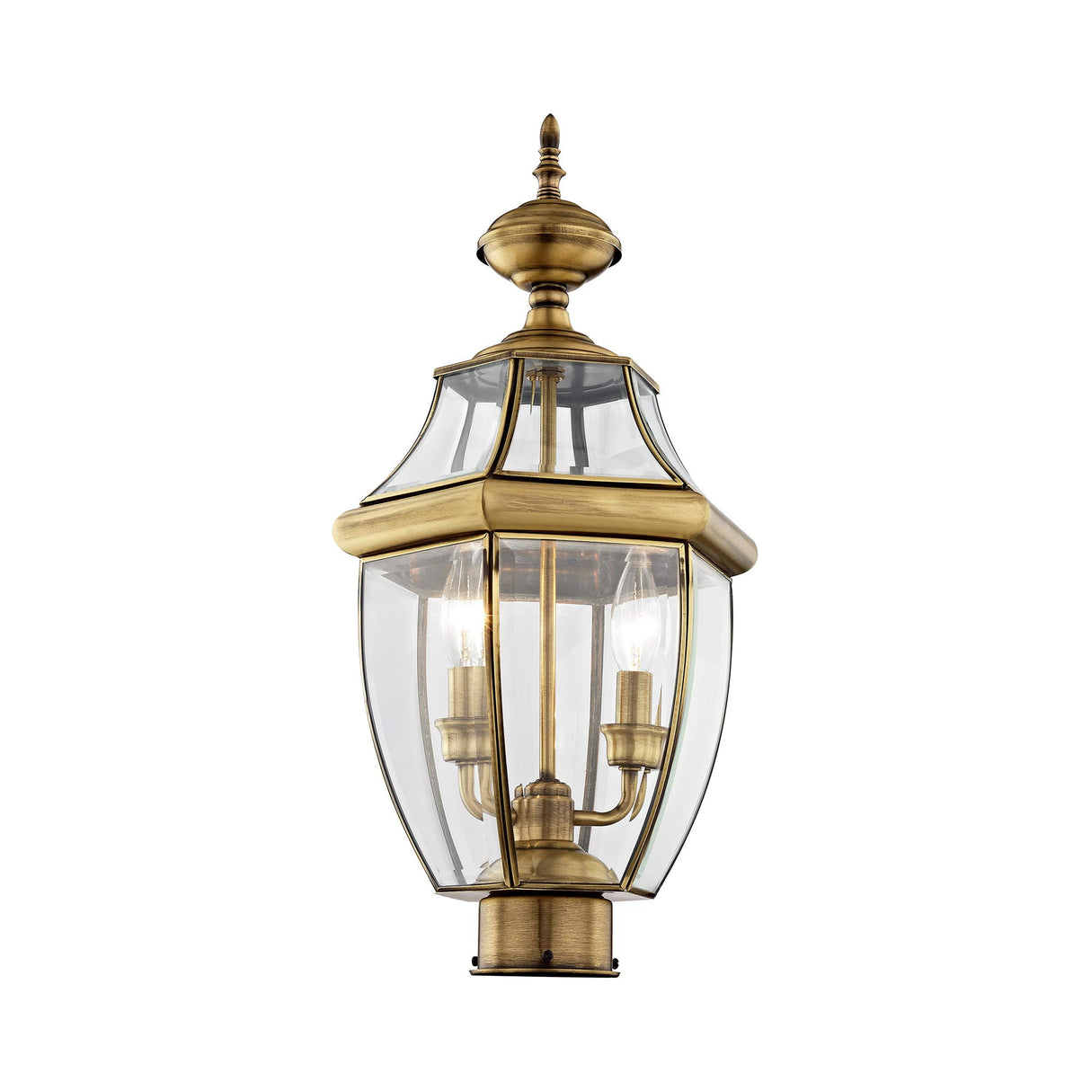 Livex Lighting 2254-01 Monterey 2 Light Outdoor Antique Brass Finish Solid Brass Post Head with Clear Beveled Glass