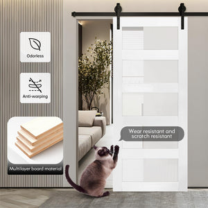 48 in x 84 in Glass Sliding MDF Barn Door with 8FT Sliding Door Hardware Kit, 5 Tempered Frosted Glass, Slab Inside Covered with Water-Proof PVC Surface, Simple DIY Assembly (Showroom Display for Sale)