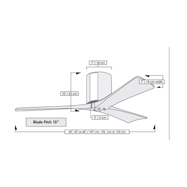 Matthews Fan IR3H-BB-WA-52 Irene-3H three-blade flush mount paddle fan in Brushed Bronze finish with 52” solid walnut tone blades. 