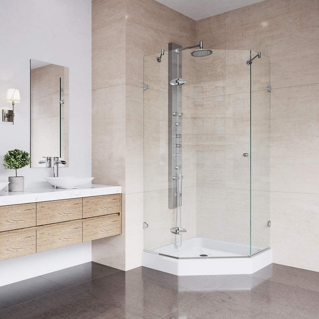 VIGO VG6061CHCL38W 38.13" -38.13" W -78.75" H Frameless Hinged Neo-angle Shower Enclosure with Clear 0.38" Tempered Glass and Stainless Steel Hardware in Chrome Finish with Reversible Handle and Base