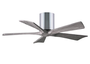Matthews Fan IR5H-CR-BW-42 Irene-5H five-blade flush mount paddle fan in Polished Chrome finish with 42” solid barn wood tone blades. 
