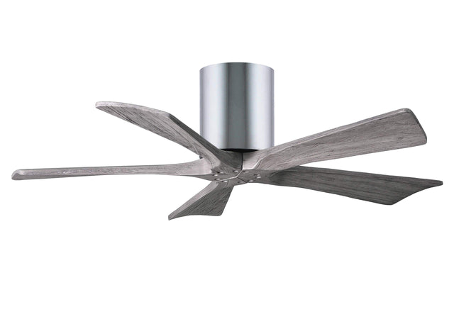 Matthews Fan IR5H-CR-BW-42 Irene-5H five-blade flush mount paddle fan in Polished Chrome finish with 42” solid barn wood tone blades. 