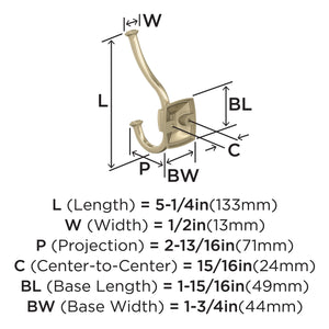 Amerock H37002BBZ Kinsale Double Prong Decorative Wall Hook Golden Champagne Hook for Coats, Hats, Backpacks, Bags Hooks for Bathroom, Bedroom, Closet, Entryway, Laundry Room, Office
