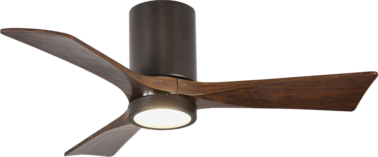 Matthews Fan IR3HLK-TB-WA-42 Irene-3HLK three-blade flush mount paddle fan in Textured Bronze finish with 42” solid walnut tone blades and integrated LED light kit.