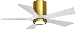 Matthews Fan IR5HLK-BRBR-MWH-42 IR5HLK five-blade flush mount paddle fan in Brushed Brass finish with 42” solid matte black wood blades and integrated LED light kit.