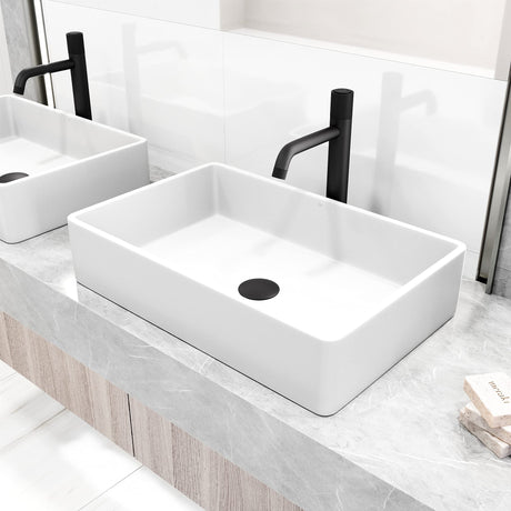VIGO VGT2049 13.88" L -21.25" W -4.75" H Matte Stone Magnolia Composite Rectangular Vessel Bathroom Sink in White with Faucet and Pop-Up Drain in Matte Black