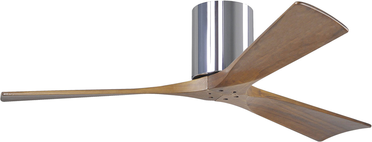 Matthews Fan IR3H-CR-WA-52 Irene-3H three-blade flush mount paddle fan in Polished Chrome finish with 52” solid walnut tone blades. 