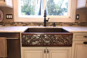 Premier Copper Products 33-Inch Hammered Copper Apron Front Single Basin Kitchen Sink w/ Scroll Design and Nickel Background