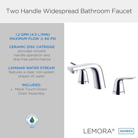 Gerber D304134 Chrome Lemora Two Handle Widespread Lavatory Faucet