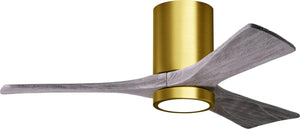 Matthews Fan IR3HLK-BRBR-BW-42 Irene-3HLK three-blade flush mount paddle fan in Brushed Brass finish with 42” solid barn wood tone blades and integrated LED light kit.