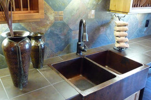 Premier Copper Products KA50DB33229 33-Inch Hammered Copper Kitchen Apron 50/50 Double Basin Sink, Oil Rubbed Bronze