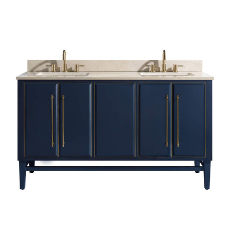 Avanity Mason 61 in. Vanity Combo in Navy Blue with Gold Trim and Crema Marfil Marble Top
