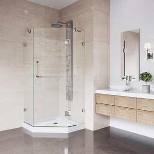 VIGO VG6062BNCL36WS 36.13" -36.13"W -76.75"H Frameless Hinged Neo-angle Shower Enclosure with Clear 0.38" Tempered Glass Stainless Steel Hardware in Brushed Nickel Finish, Reversible Handle and Base